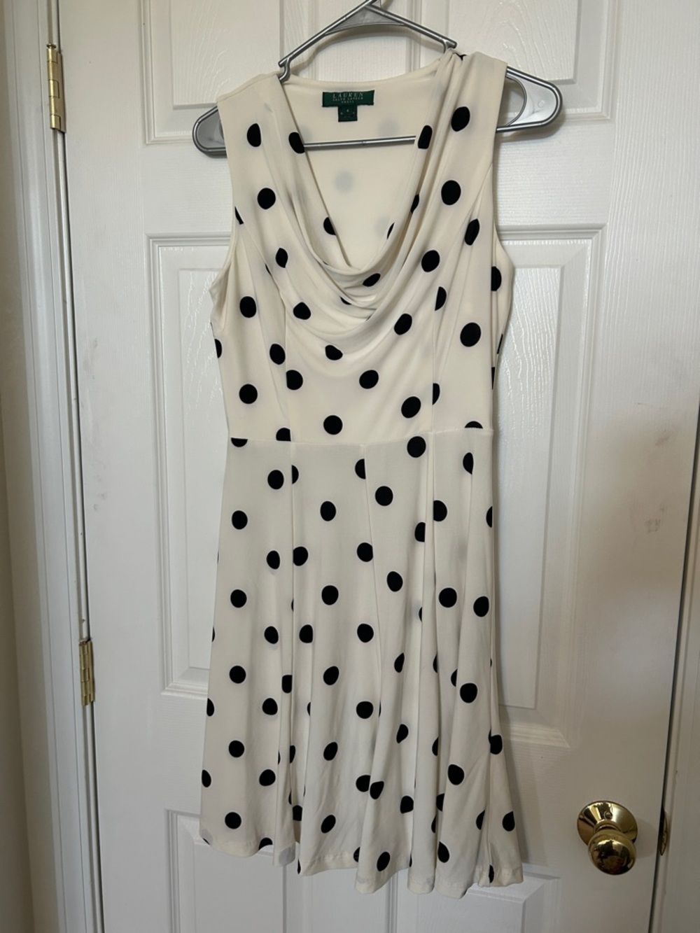 Lauren Ralph Lauren Cream and Black Polka Dot Cowl Neck Midi Dress